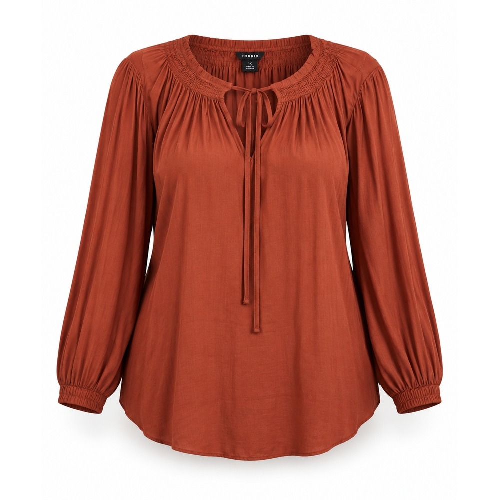 Torrid Rust Orange Smocked Tie Neck Peasant Blouse Size 3 Plus Boho Fall Top